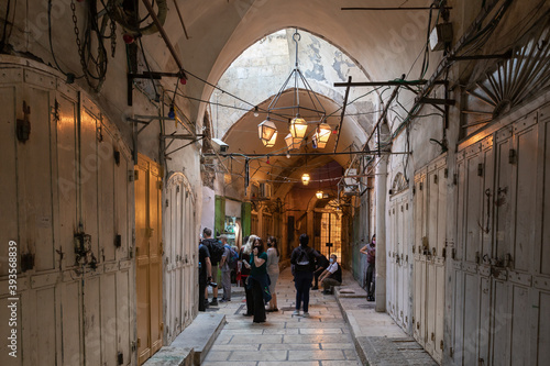 Stores closed due to coronavirus in the oriental bazaar in the Muristan district in the Christian part of the old city of Jerusalem in Israel