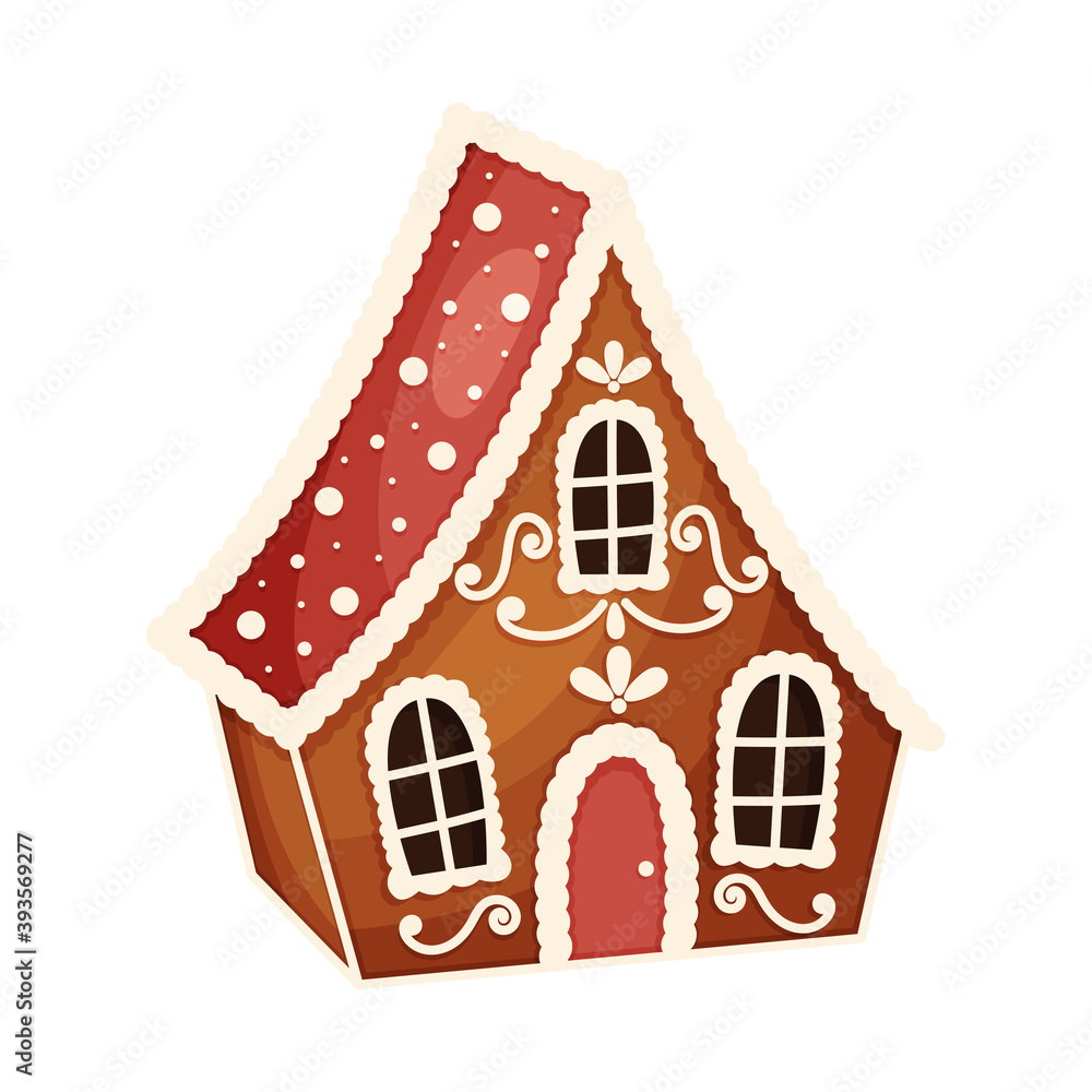 Cartoon traditional Christmas gingerbread house cookie. Vector illustration