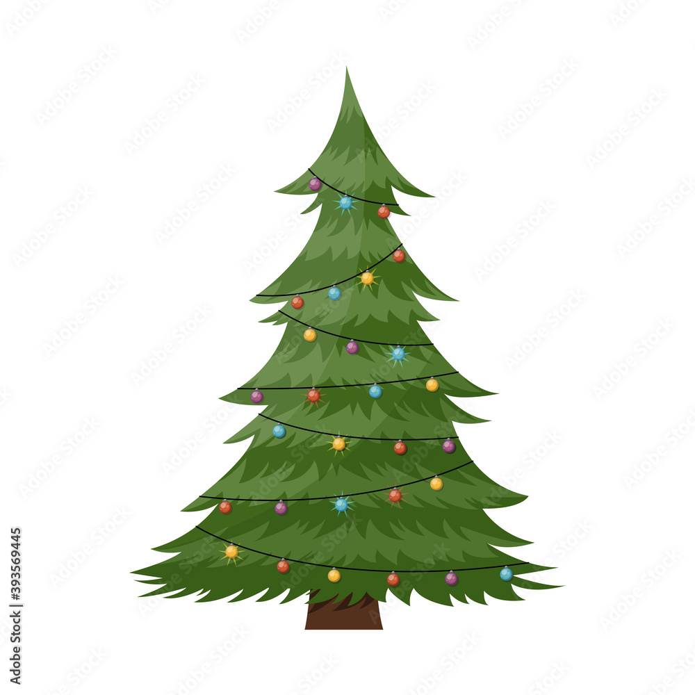 Cartoom decorated Christmas tree pine. Vector illustration.