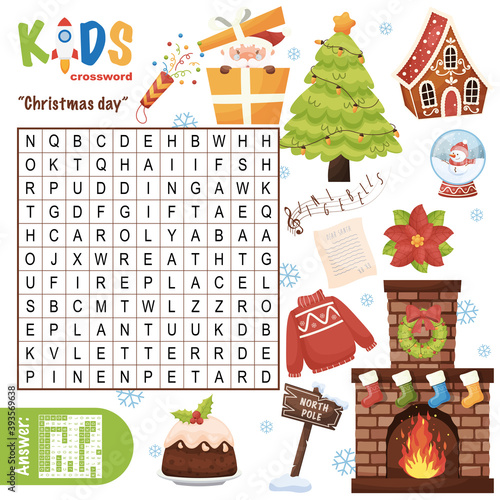 Easy word search crossword puzzle "Christmas day", for children in elementary, primary and middle school. Fun way to practice language comprehension and expand vocabulary. Includes answers.