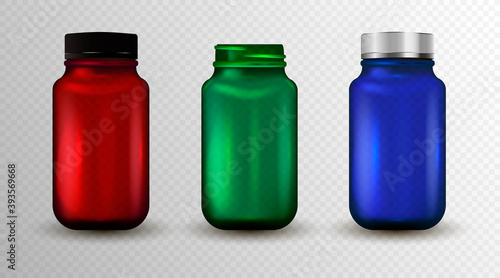 Medicine glass bottle isolated on transparent background. 3d realistic Medicine bottle full of pills or dragee. Pharmaceutical product packaging mockup.