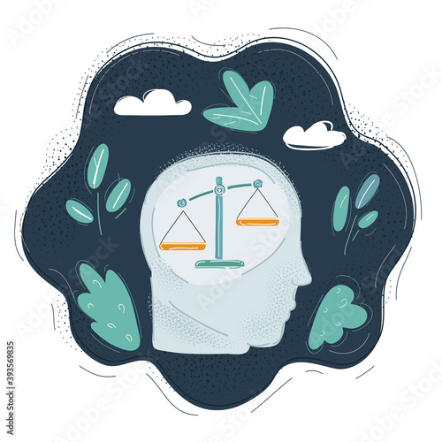 Vector illustration ofhuman head taking a decision with scale in on dark backround.