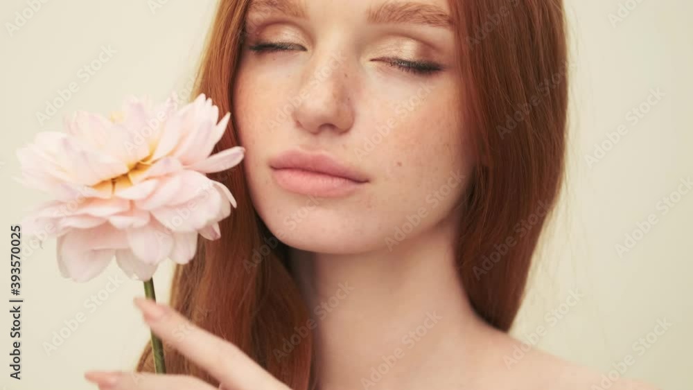 A close-up view of a calm nice woman is posing to the camera while holding a flower standing isolated over beige background in studio A close-up view of a calm nice woman is posing to the camera while holding a flower standing isolated over beige background in studio