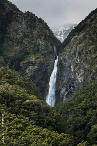 Devil s Punchball waterfall  131m   Arthur s Pass  South Island  New Zealand.