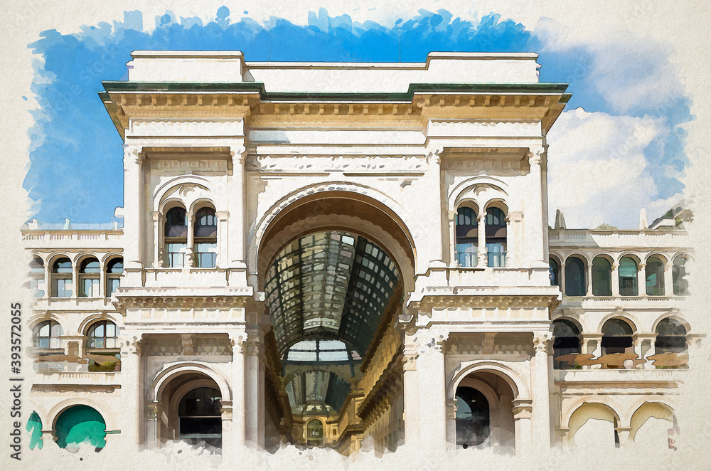Watercolor drawing of Gallery Vittorio Emanuele II Galleria famous luxury shopping mall facade and interior with fashion stores, glass dome and lamps in Milan city centre on Piazza del Duomo square