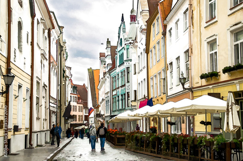 Watercolor drawing of Medieval streets of Old Town of Tallinn with beautiful colourful buildings and walking people, Estonia