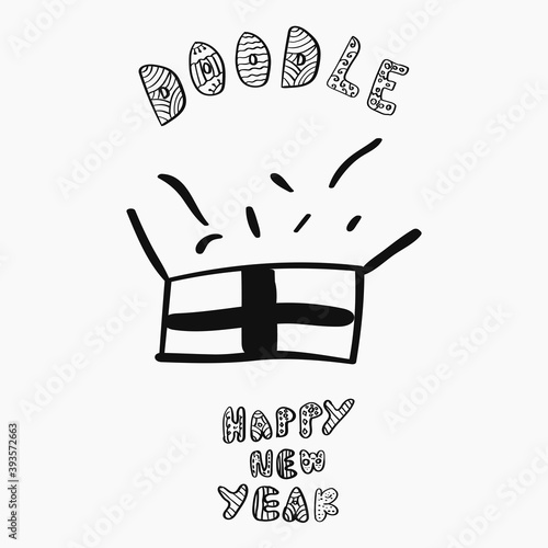 Hand drawn open gift box in doodle style for celebrating Christmas and New Year. Hand drawn isolated vector icon.