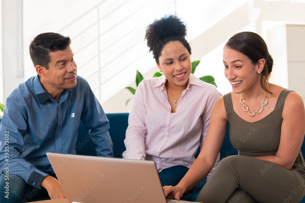 Cheerful business woman pitching about new project and ideas on office sofa. Partnership, teamwork, collaboration concept.. Cheerful business woman pitching about new project and ideas on office sofa. Partnership, teamwork, collaboration concept..