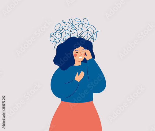 Panic attack concept. Uneasy woman has chest pain and vertigo. A depressed female with nervous problems has shortness of breath and feels anxious. Vector illustration