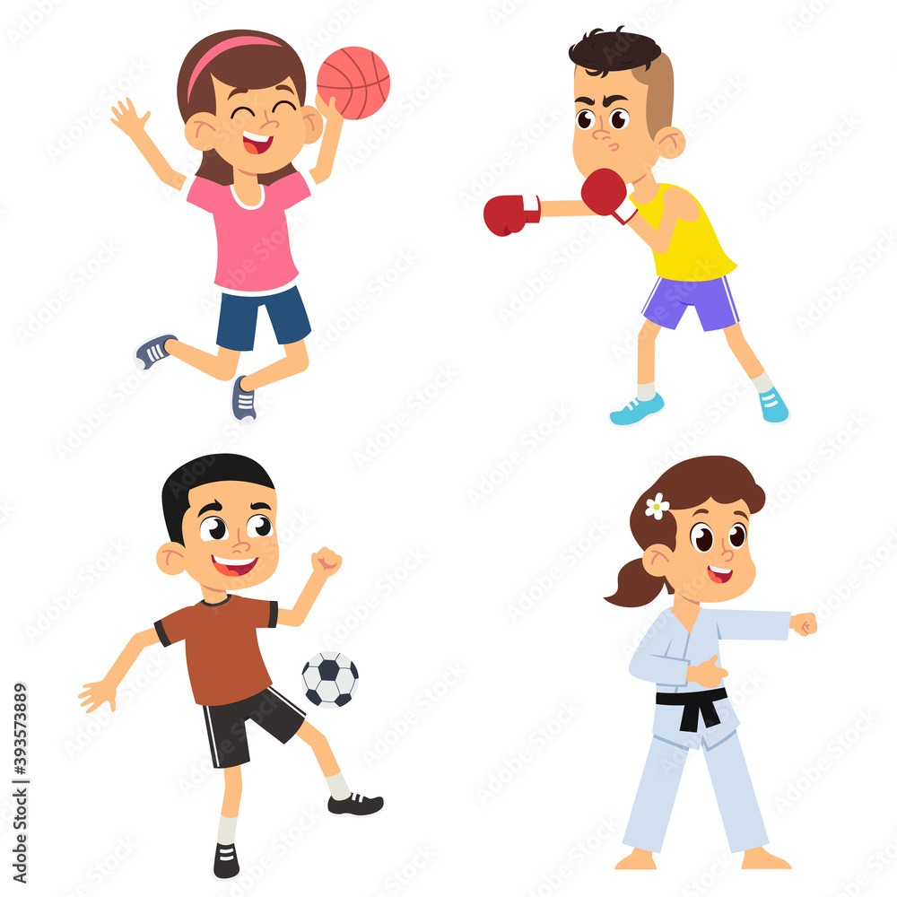 cartoon kids playing sports. boys soccer and boxing, girls volleyball and karate. cartoon kids playing sports. boys soccer and boxing, girls volleyball and karate.