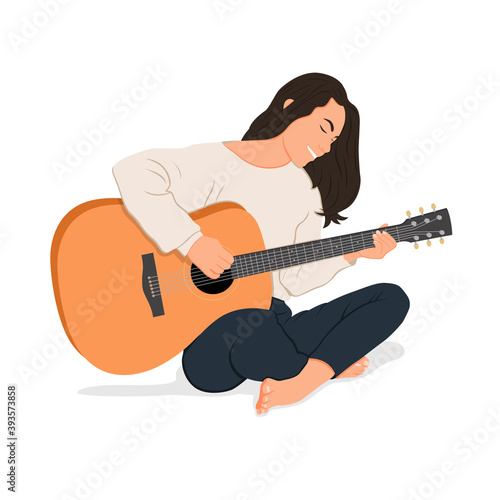 Illustration of a girl playing an acoustic guitar. Vector. Flat cartoon style. acoustic lessons.