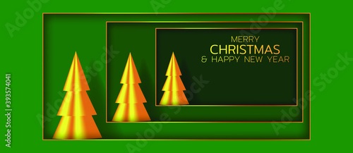 Festive composition with golden christmas trees. Merry Christmas and Happy New Year illustration. Winter holiday vector illustration. Paper cut style.