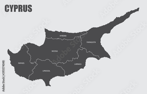 The Cyprus isolated map divided in districts with labels