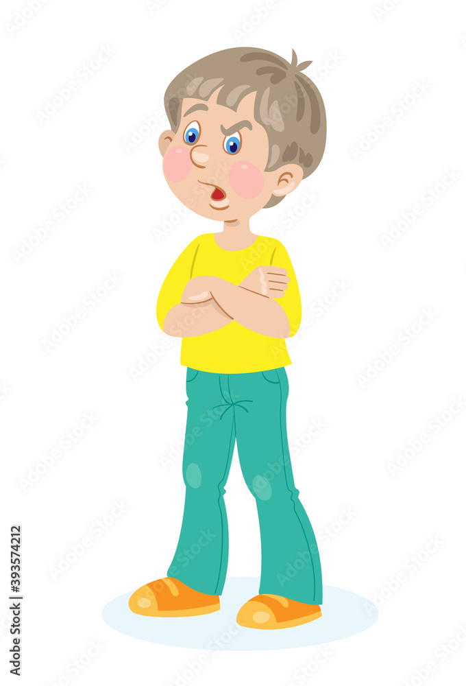 Children's emotions. A puzzled boy stands with his arms crossed. In cartoon style. Isolated on white background. Vector flat illustration. Children's emotions. A puzzled boy stands with his arms crossed. In cartoon style. Isolated on white background. Vector flat illustration.