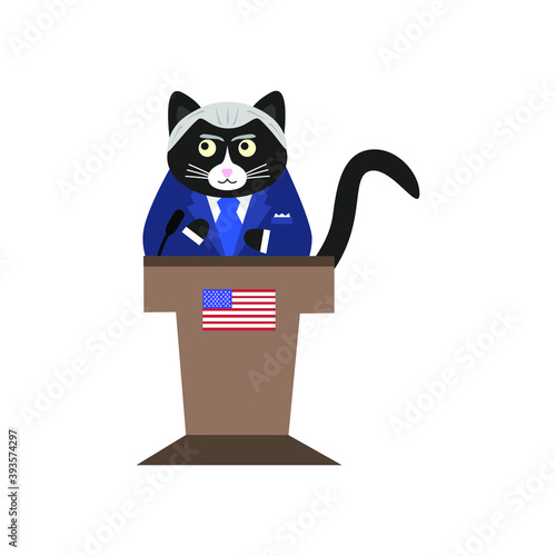 Cute american cat in suit with ties and funny hairstyles on the podium with microphones. Doodle flat illustration vector