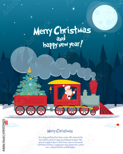 Santa Claus is taking a decorated Christmas tree to children for a holiday by train.
