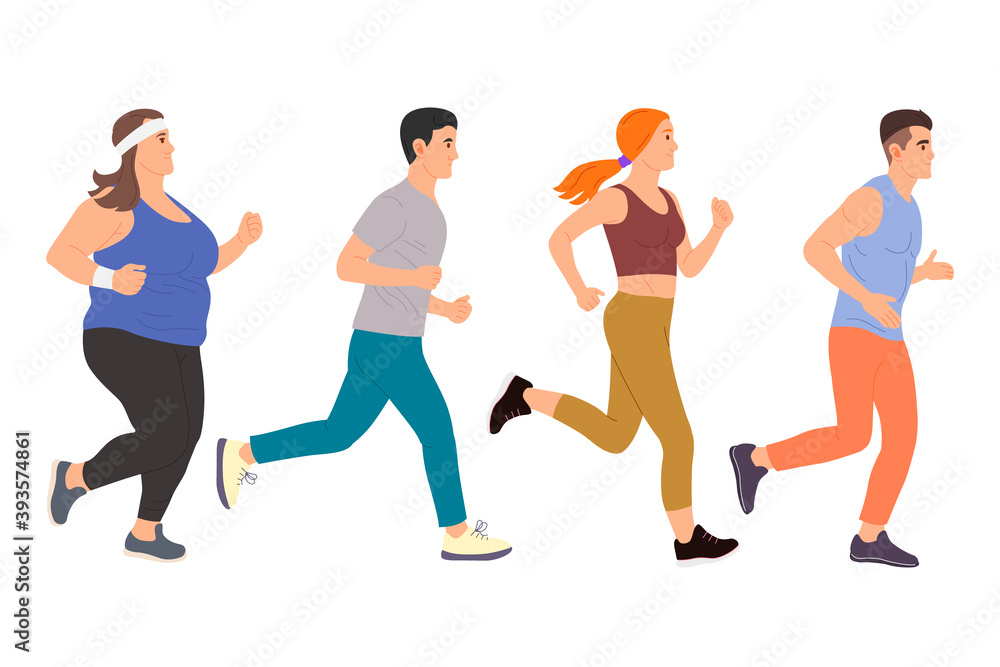 Flat style Athlete running runner characters vector illustration. Young man and woman jogging marathon race.