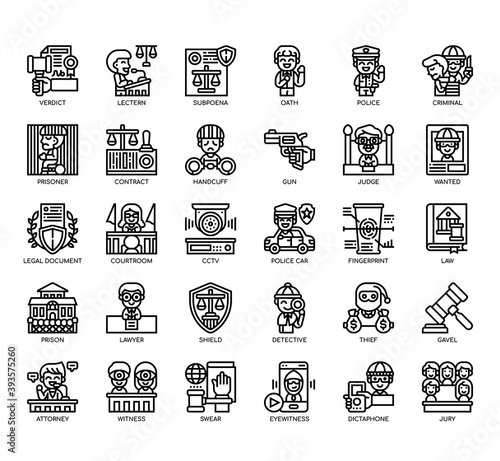 Set of Law and Justice thin line and pixel perfect icons for any web and app project.