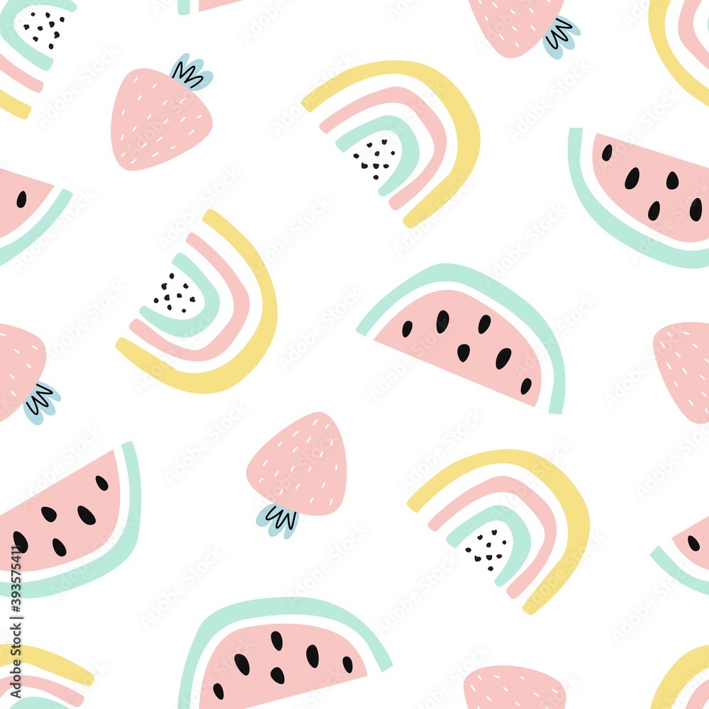 Seamless pattern with strawberry, watermelon and rainbow, summer background. Vector illustration with flowers, in a modern cartoon style, for printing on packaging paper, postcard, poster, banner
Seamless pattern with strawberry, watermelon and rainbow, summer background. Vector illustration with flowers, in a modern cartoon style, for printing on packaging paper, postcard, poster, banner