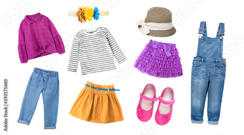 Принти на полотні Fashion  colorful child girl's clothing,bright collection of kid's apparel,baby garment set,collage of clothes isolated