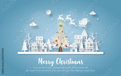 Christmas postcard with Santa Claus and reindeer coming to town