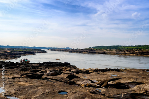 Mekong River border Thailand and Laos The water dries up until you see a rocky hole.