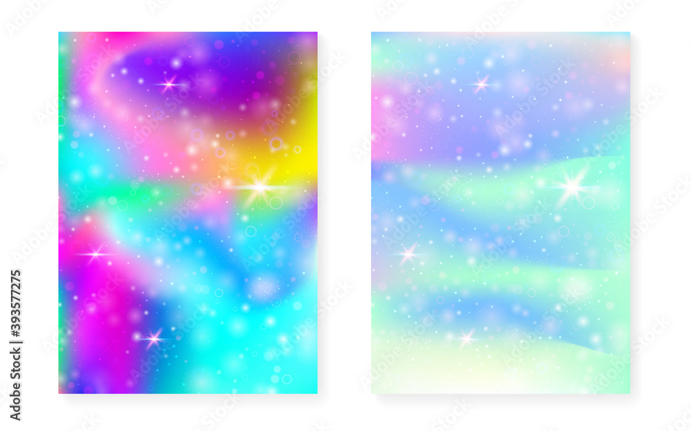 Princess background with kawaii rainbow gradient. Magic unicorn hologram.