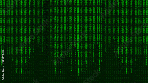 Green matrix background. Falling numbers on screen. Technology stream binary code. Digital vector illustration. Hacking concept.