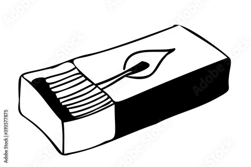 A matchbox, slightly open, inside a match. Freehand outline drawing, vector.