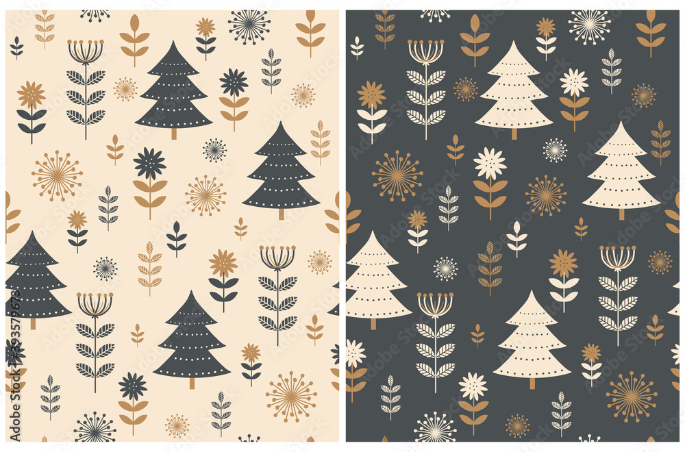 Cute Christmas Holidays Seamless Vector Patterns Set. Scandinavian Style Winter Forest Print ideal for Fabric, Christmas Decoration. Flowers and Trees on a Sail Champagne and Dark Gray Background. - obrazy, fototapety, plakaty 