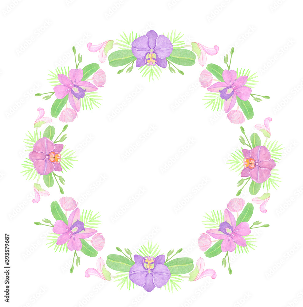 Vintage Round wreath watercolor orchid elements with flowers and leaves