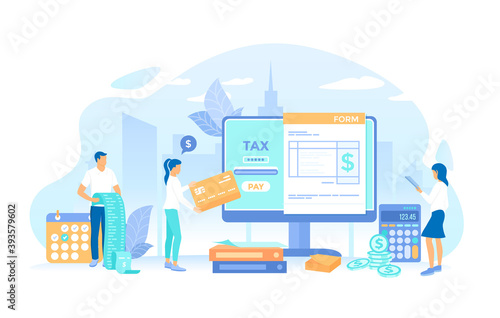 Tax payment. People count bills and pay online via electronic form. taxation, calculation of tax return. Working process, teamwork communication. Vector illustration flat style.