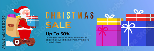 Christmas sale background with Cute Santa Character deliver gift box by riding a hover board. banner sale, discount, free delivery. Vector illustration for winter holiday discounts.