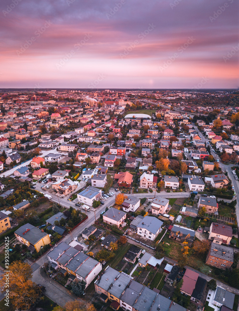 Fototapeta premium Aerial panorama of Leszno at sunset