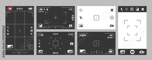 Camera viewfinder with exposure, settings, options set. Digital device screen elements, frame.