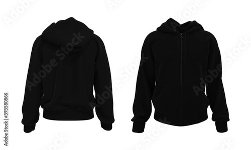 Blank hooded sweatshirt mockup with zipper in front, side and back views, isolated on white background, 3d rendering, 3d illustration