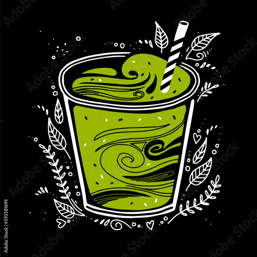 smoothie fresh. Detox smoothie in a glass with a straw in doodle style. vector, black background. green hipsters cocktail. concept healthy lifestyle.