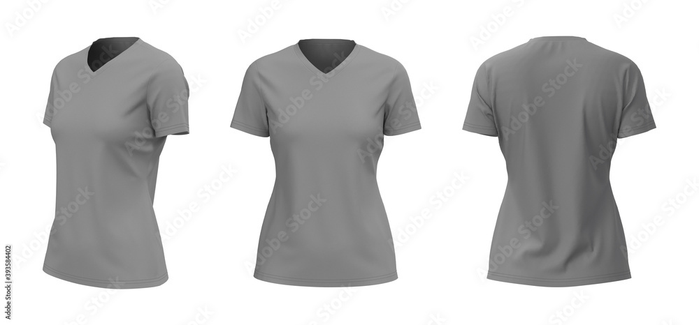 Women's v-neck t-shirt mockup, front, side and back views, design presentation for print, 3d illustration, 3d rendering Women's v-neck t-shirt mockup, front, side and back views, design presentation for print, 3d illustration, 3d rendering