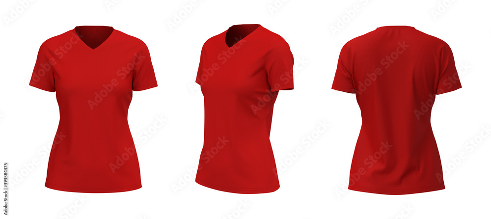 Women's v-neck t-shirt mockup, front, side and back views, design ...