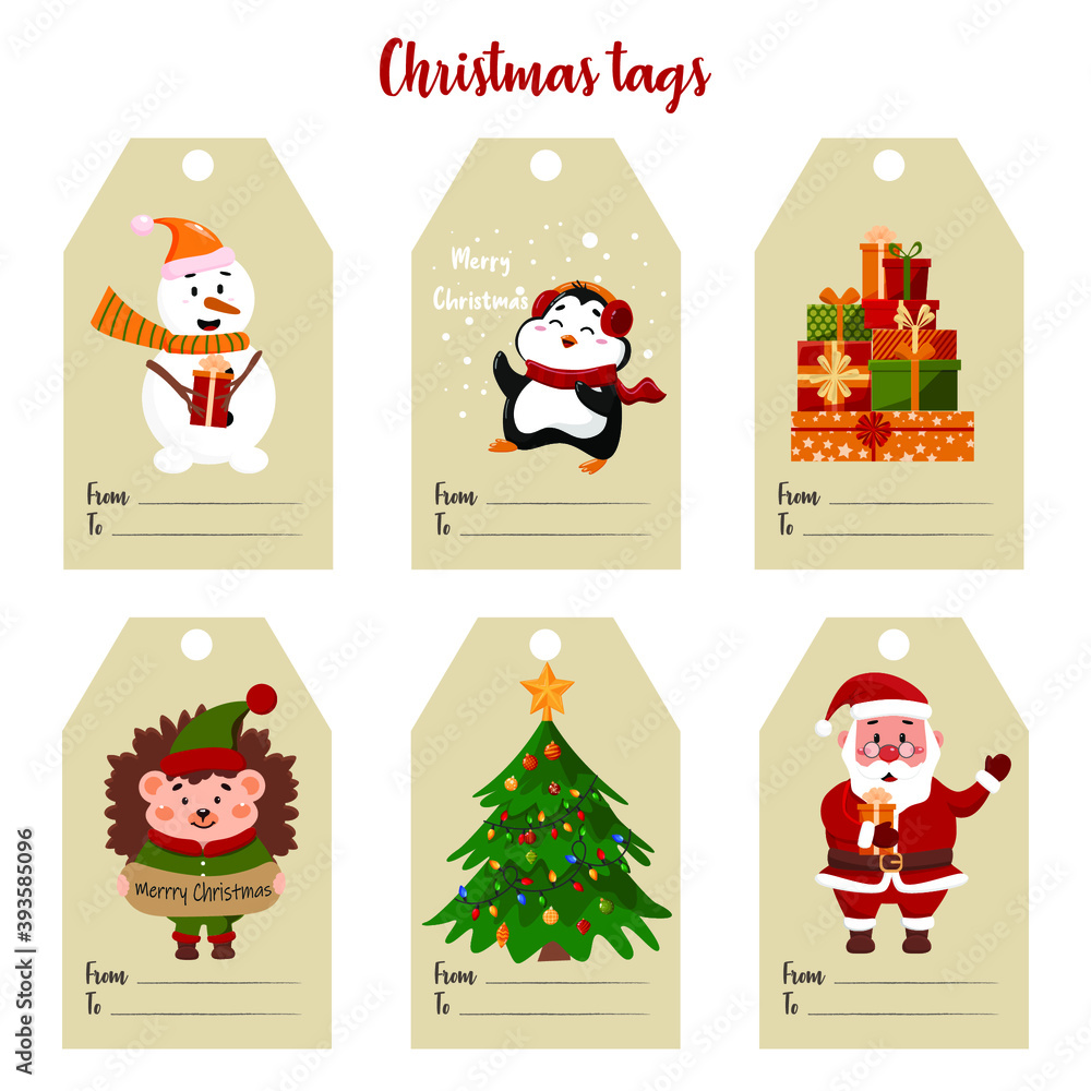 Gift tags with different characters.
Penguin, Santa, bull, Snowman, Hedgehogs and Christmas Tree