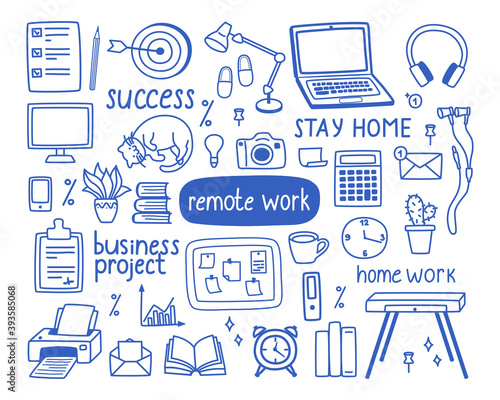 A set of contour elements on the topic of work from home, the concept of freelancing, quarantine. Vector illustration in doodle style for banners and websites.