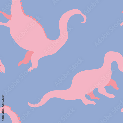 Cute vector seamless pattern with pink dinosaurs on pastel blue background. Cool dinos  for kids  kawaii reptiles in pastel colors  brontosaurus.