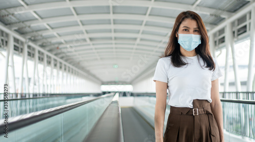 Portrait of a young woman in a medical mask for anti-coronavirus COVID-19 pandemic infectious disease outbreak protection in Public area. Concept of Virus pandemic and pollution (PM2.5)