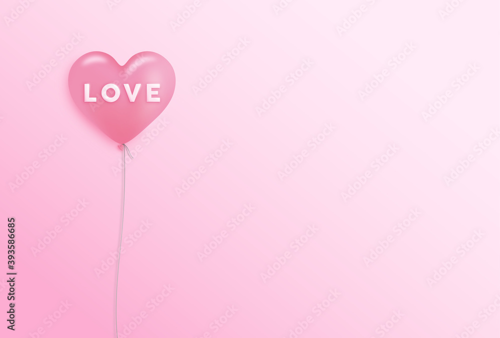 Pink balloon in the shape of a heart on a pink background Love message