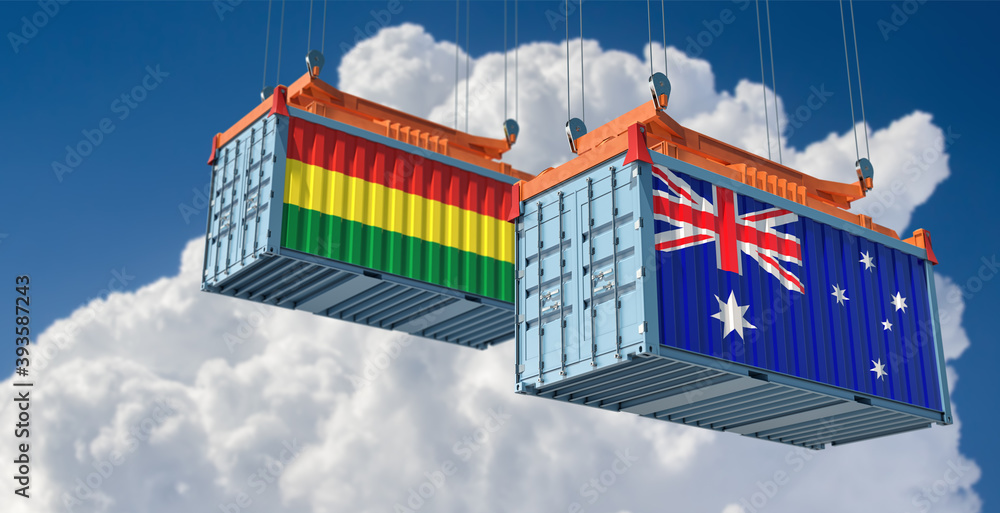 Freight containers with Australia and Bolivia national flags. 3D Rendering 