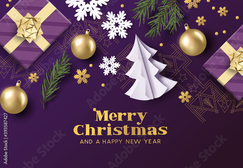 Merry christmas layout composition with purple and gold colours, christmas decorations and fir branches. Vector illustration