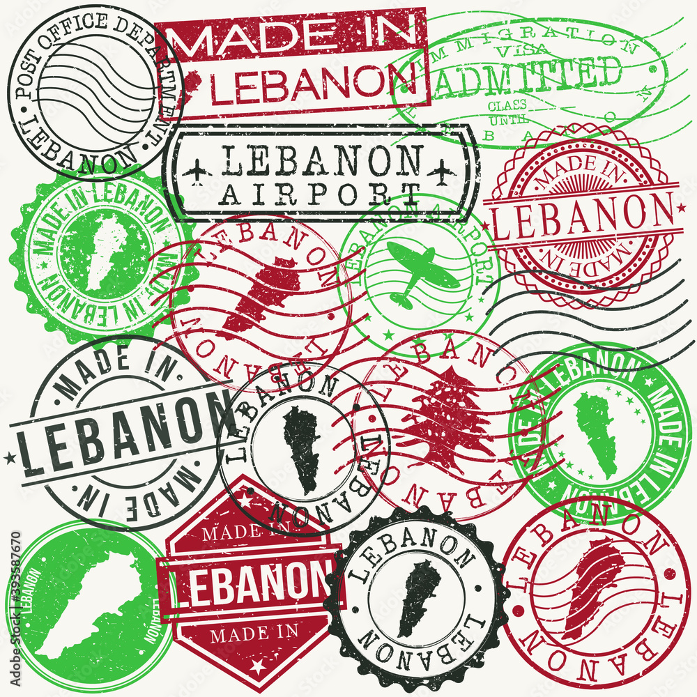 Lebanon Set of Stamps. Travel Passport Stamp. Made In Product. Design