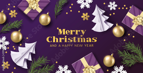 Merry christmas layout composition with purple and gold colours, christmas decorations and fir branches. Vector illustration