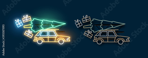 A car travelling home for christmas carrying a christmas tree and presents. Neon light sign with on and off versions. Vector illustration.