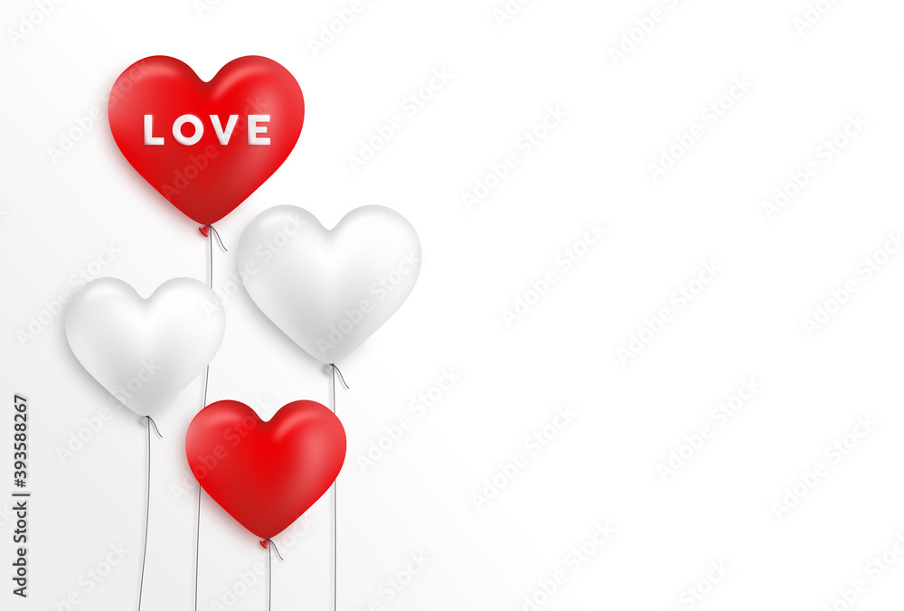 White and red balloons in the shape of a heart on a white background Love message